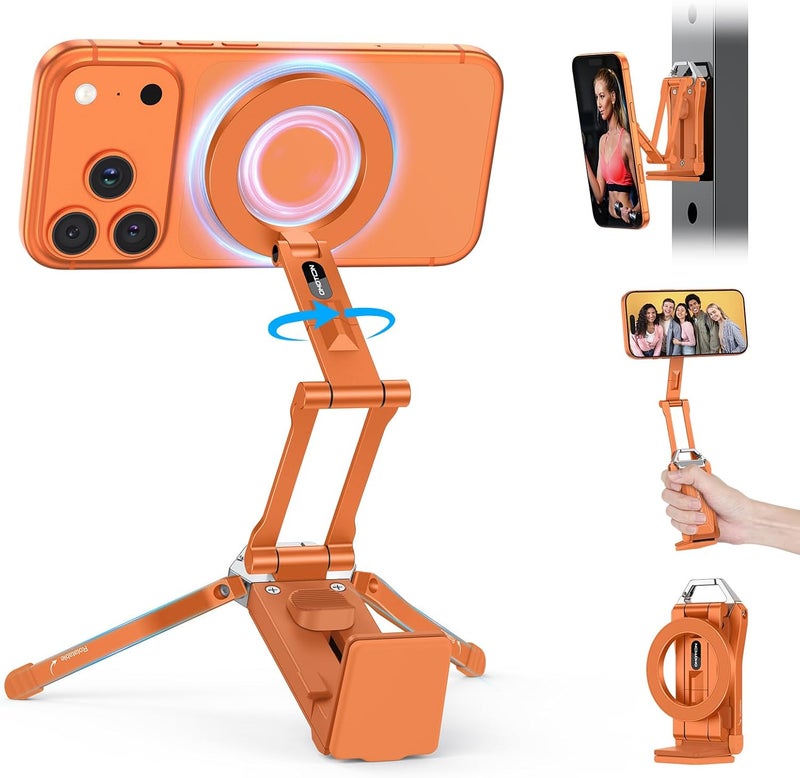 Omoton 360°Rotating for MagSafe Tripod Mount, Adjustable Aluminum Magnetic Phone Tripod for iPhone 17/16/15/14 Pro Max Air, Foldable Cell Phone Stand Fits Vlog, Gym, Travel Essentials, Orange - Image 1